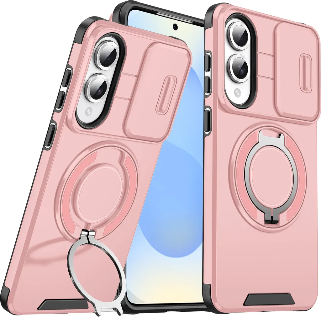 Custodia a doppio strato per Samsung Galaxy S25 Edge, con copertura scorrevole della fotocamera e supporto ad anello magnetico Rosa