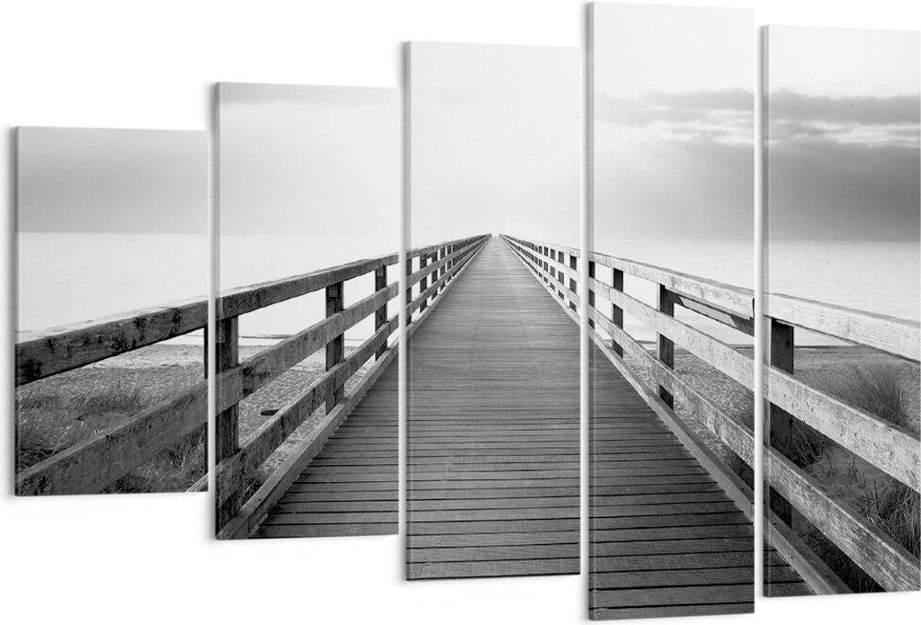 Bild auf Leinwand - Leinwandbild - 5 Teile - Pier Perspektive Schwarzweiß - 150x100cm - Wand Bild - Wanddeko - Wandbilder - Leinwanddruck - Bilder...