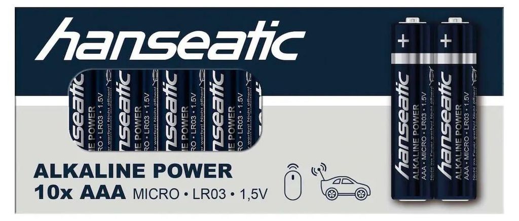 Packaging for Hanseatic AAA Micro LR03 1.5V alkaline batteries.