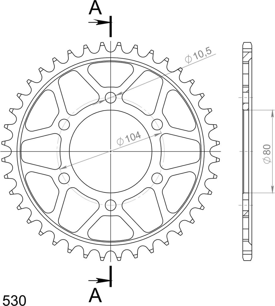 Stahl-Kettenrad Supersprox 530 - 40Z (schwarz) RFE-488:40-BLK|ID 80,0 LK 104,0 6-Loch