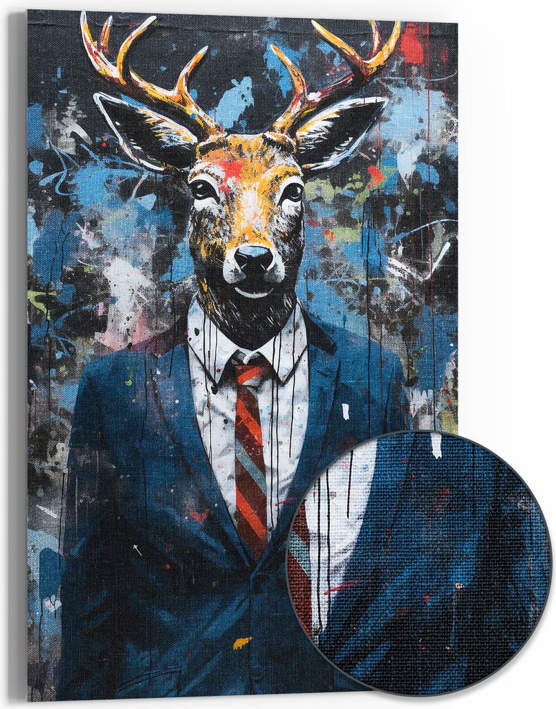 DEQOART Hybrid Leinwand Bild 60x90 cm 'Hirsch im Anzug' Wandbild Glas flach modern