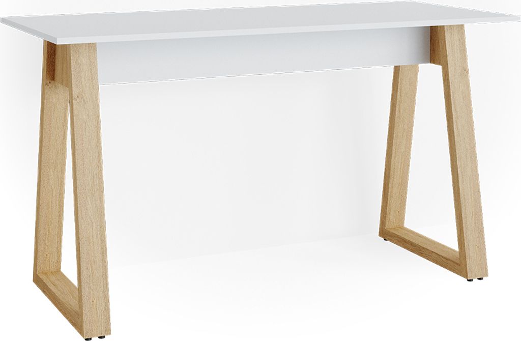 A white desk with light wood legs against a white background.