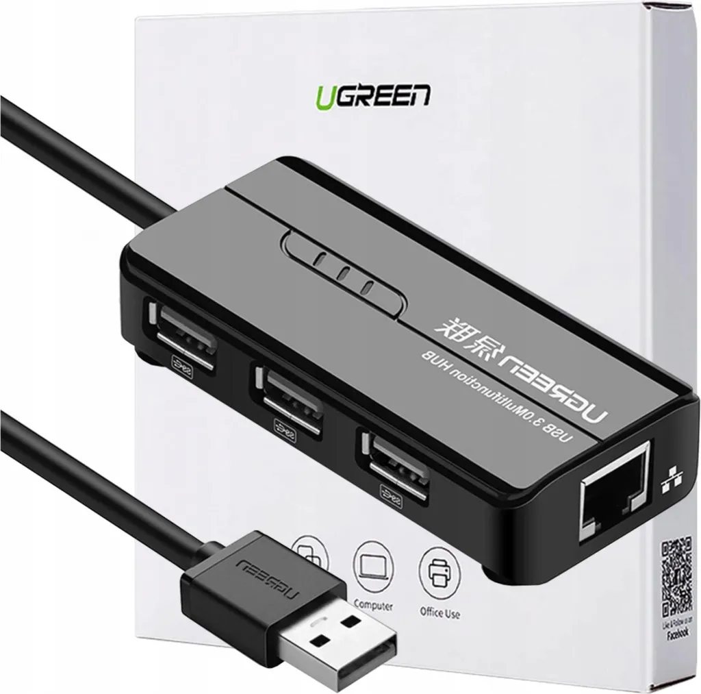 Ugreen 20264 Hub USB 2.0 con Scheda di Rete Ethernet RJ45 - Nero Office