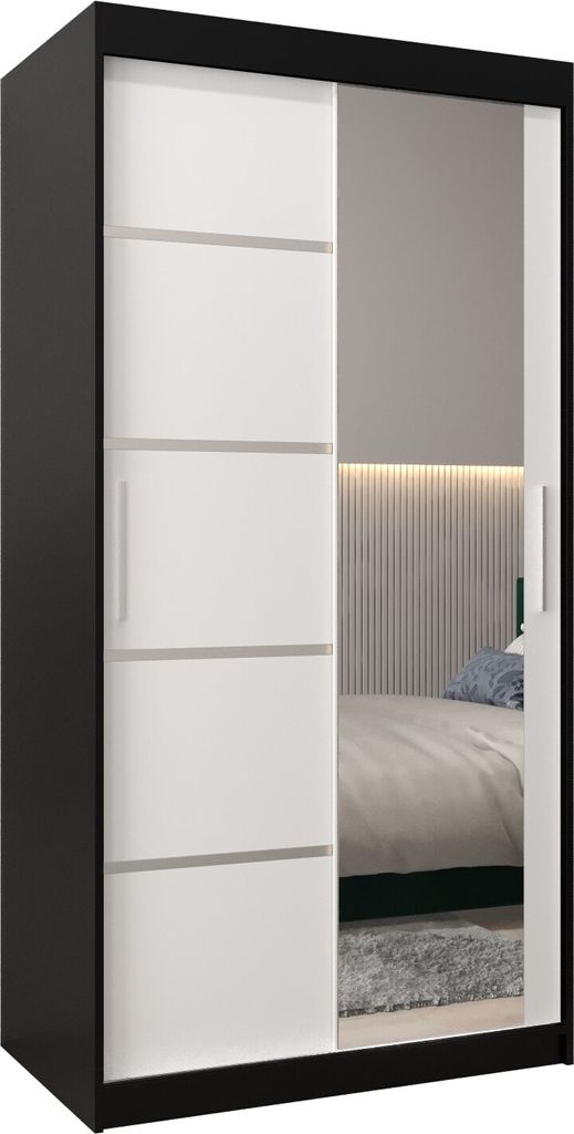 Kleiderschrank, Schiebetürenschrank Schlafzimmer, Schrank mit Spiegel VERONA 2 100 cm - Schwarz Matt + Weiß Matt