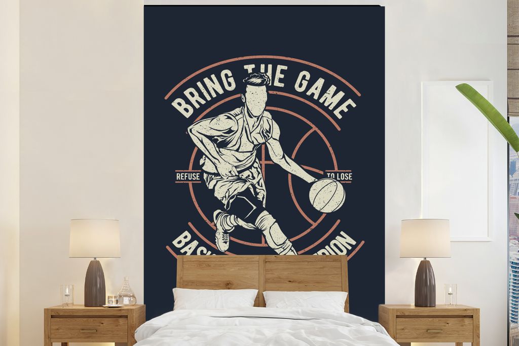 MuchoWow Fototapete für Wohnzimmer oder Schlafzimmer Wandtapete Vinyl Motivtapete Basketball - Ball - Jahrgang - 170x260 cm - Wohnzimmertapete