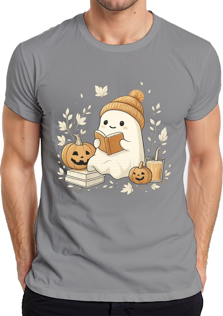Halloween Süßes Gespenst liest Buch Herbst Kürbis kuschelig Lesen Herren T-Shirt, Grau, 3XL
