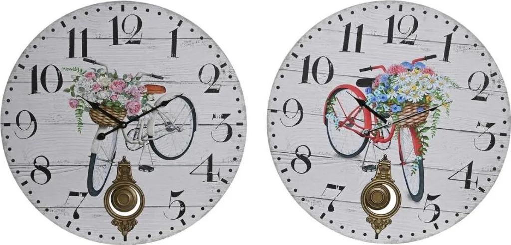 Horloge murale design vélo coloré en métal et bois - Lot de 2 pièces 58cm