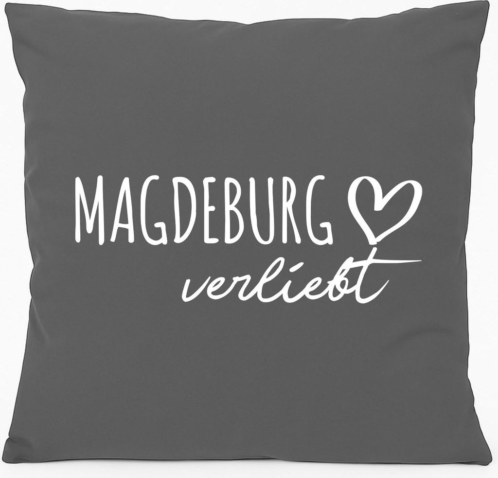Huuraa Kissen Magdeburg verliebt 40x40cm mit Füllung Steel Grey Baumwolle Dekokissen Geschenkidee