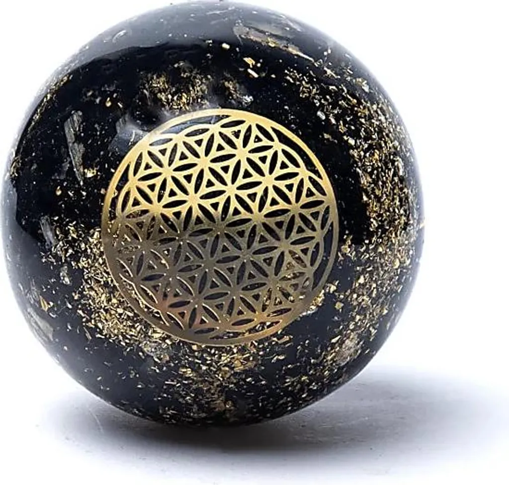 Sphère en Orgonite Tourmaline de 5,5cm avec Symbole Fleur de Vie Doré