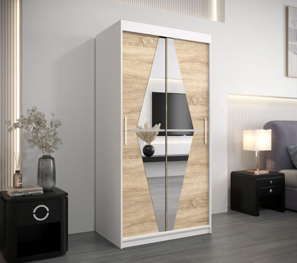 Kleiderschrank mit Spiegeln REBEKA – Breite 100 cm, weiß/Sonoma-Eiche