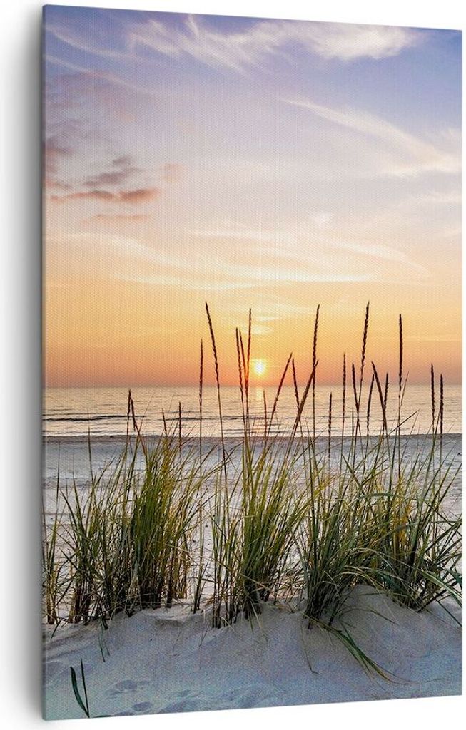 Bild auf Leinwand - Leinwandbild - Einteilig - Westen Sonne Strand - 80x120cm - Wand Bild - Wanddeko - Wandbilder - Leinwanddruck - Wanddekoration ...
