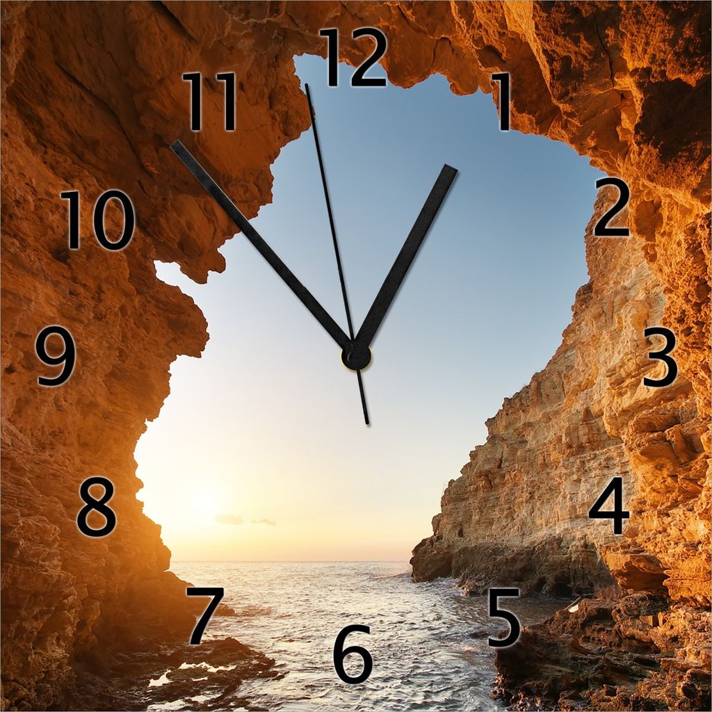 Wallario Design Wanduhr Höhlen am Meer aus Echtglas, Größe 30 x 30 cm