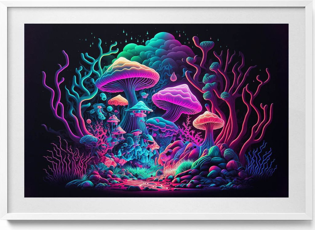 Neon-Pilze– Wandbild mit Rahmen – Gerahmtes Bild – Wanddekoration – 100x70 cm – Weiß Rahmen