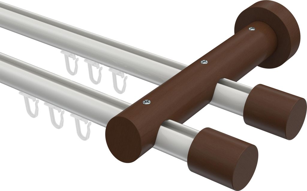 Interdeco Innenlaufstange / Gardinenstange mit Innenlauf Weiß / Nussbaum lackiert, Typ Talent Feta (Kappe), 20 mm Ø 2-läufig, 400 cm