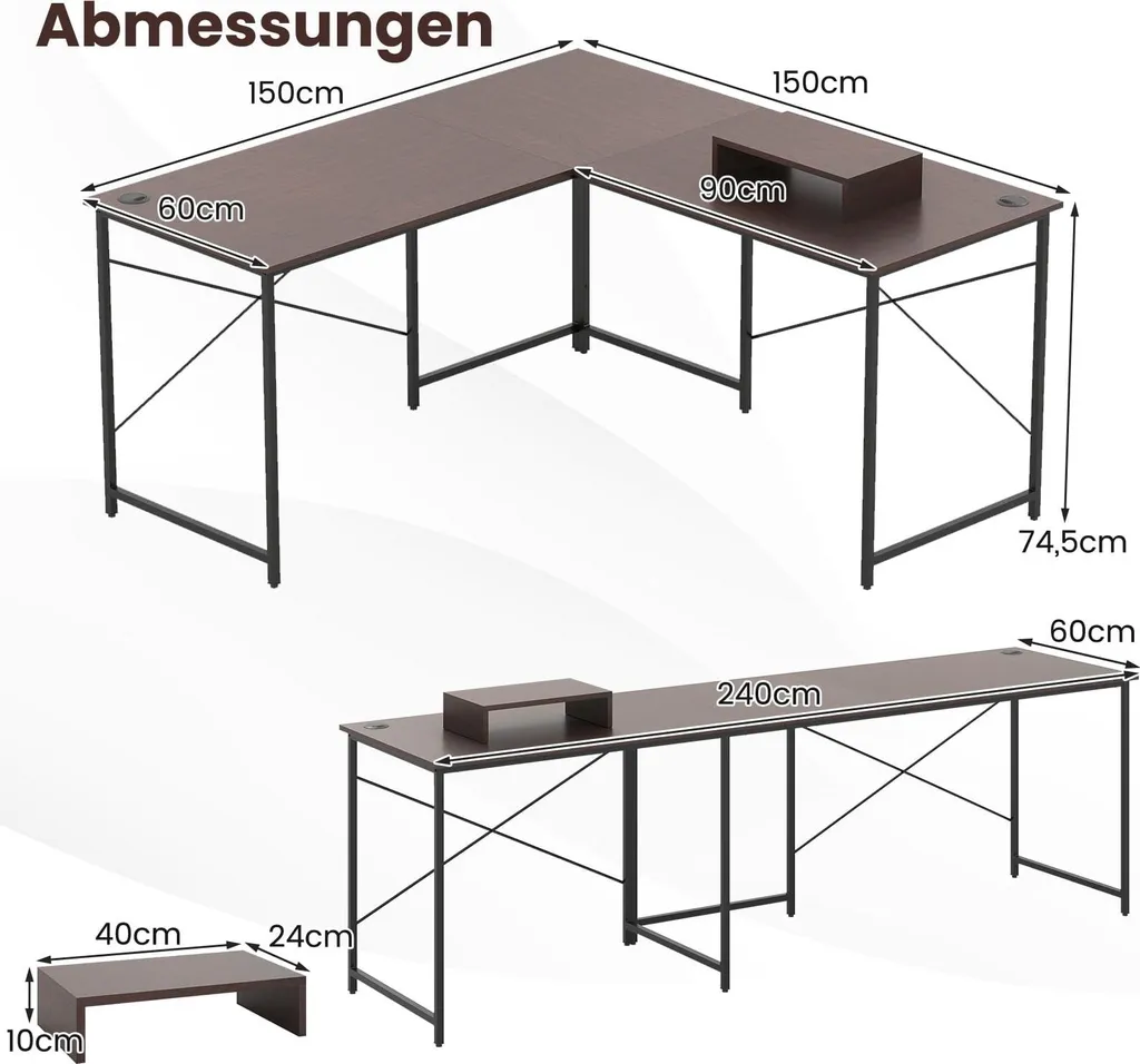 Bureau d'angle réversible pour télétravail avec chargeur USB, marron L