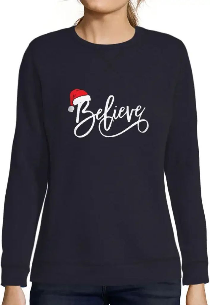 Damen Grafik Sweatshirt mit Aufdruck Weihnachten glauben Hut xmas – Christmas Believe Hat Xmas – Öko-Verantwortlich Vintage Jahrgang Langarmshirt