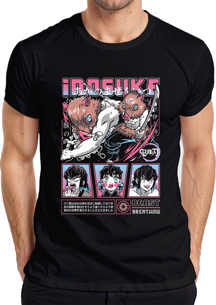 Inosuke Kimetsu no Yaiba Ebermaske Anime Geschenk Beast Herren T-Shirt, Schwarz, L
