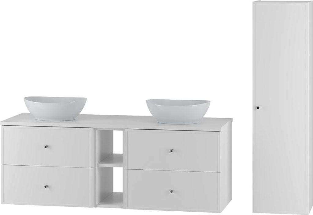 Badmöbel-Set 2-teilig mit 140 cm Waschtisch, Hochschrank & Keramik Waschbecken in weiß mit Softclose-Funktion - MURANO-140