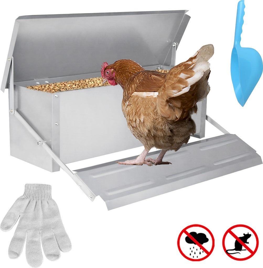 XMTECH Automatik Futterautomat für 10 kg Futter, Hühner Geflügel-Futterspender Hühnerfutterautomat mit Selbstöffnend Pedal und Wasserfest Deck...