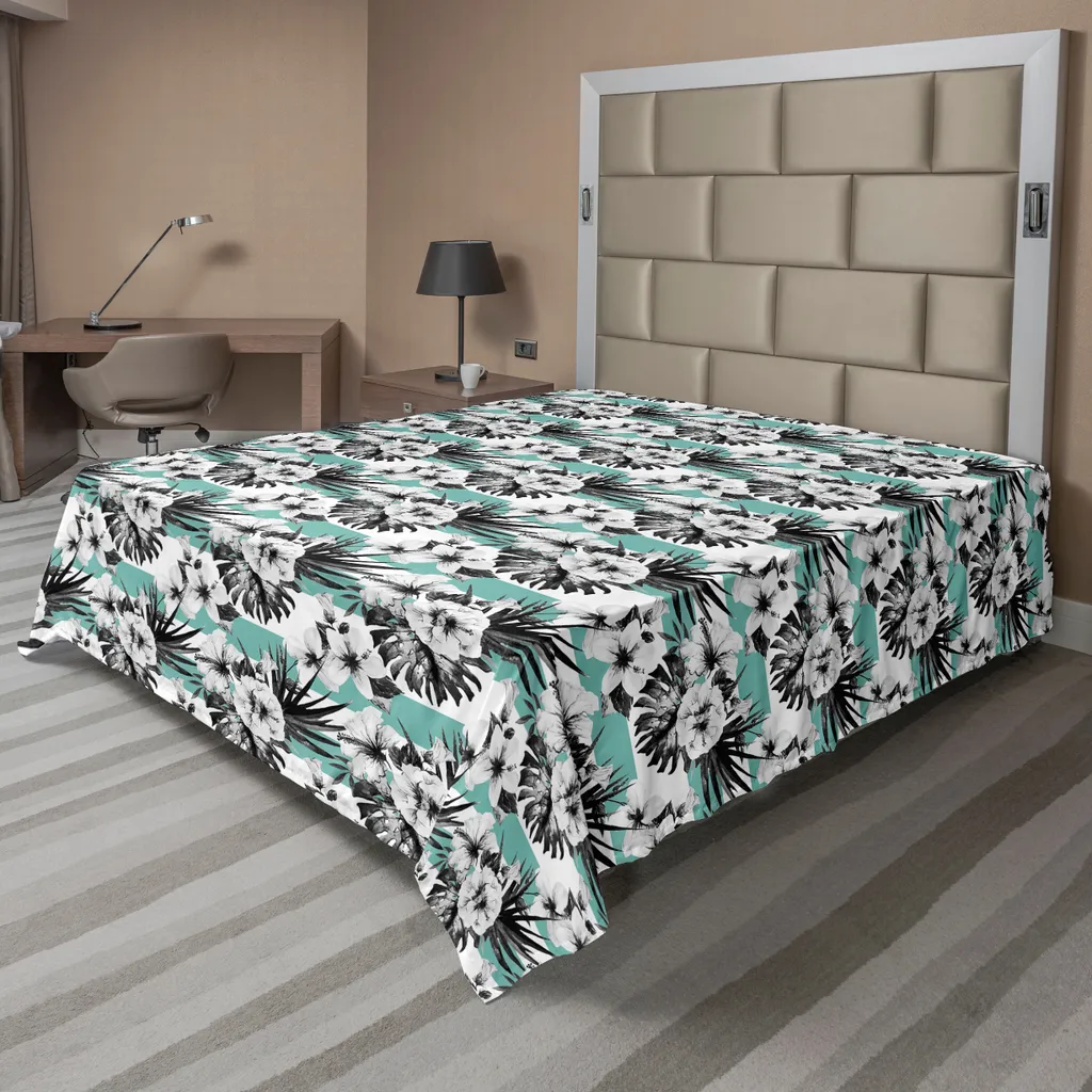 Drap de lit supérieur imprimé fleurs tropicales bohème 260x228 cm gris