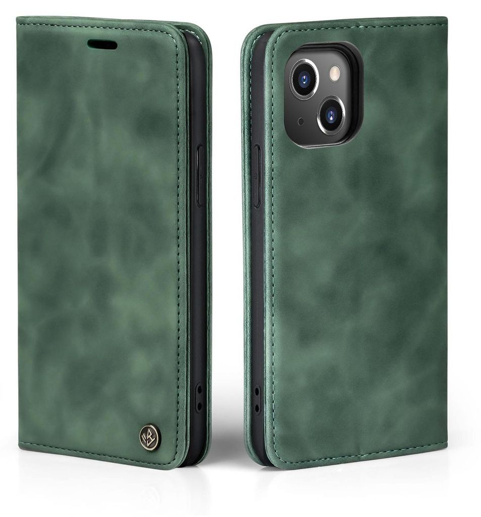 A green flip case for an iPhone 14 is shown from two angles.