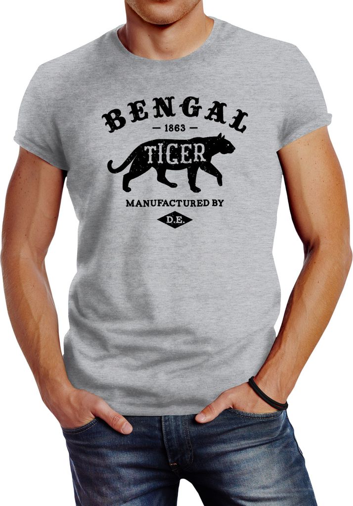 Herren T-Shirt Bengal Tiger Schriftzug Logo Vintage Retro Slim Fit Neverless grau XS