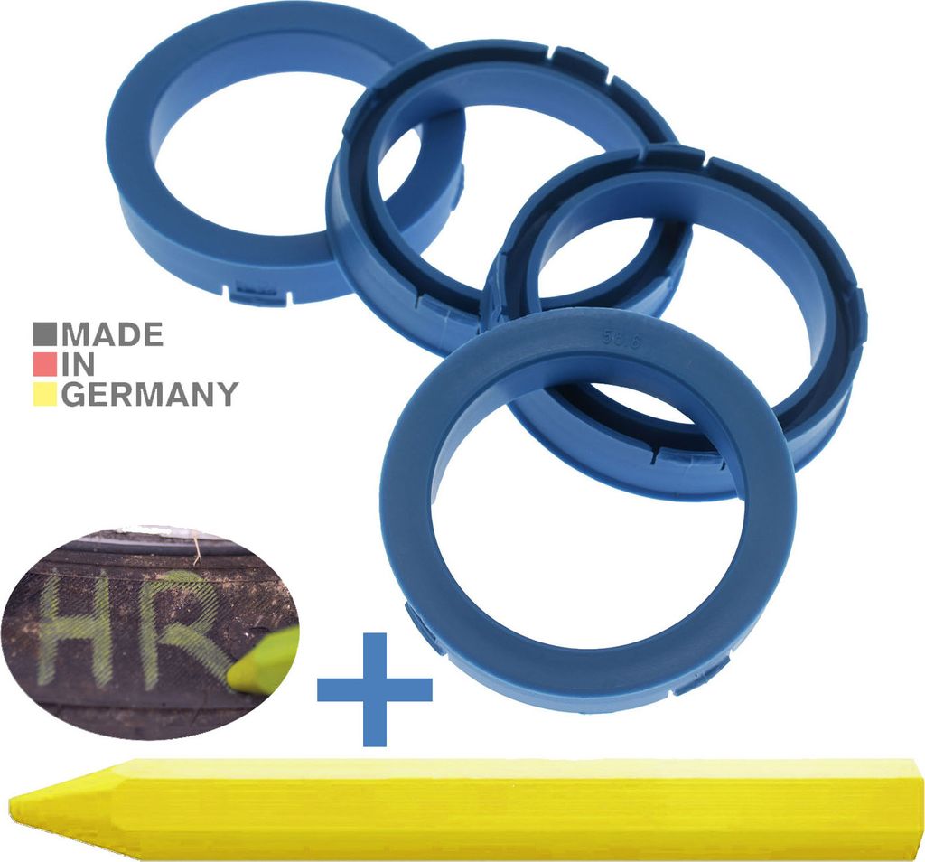 4X Zentrierringe 73,1 x 56,6 mm Hellblau Felgen Ringe + 1x Reifen Kreide Fett Stift