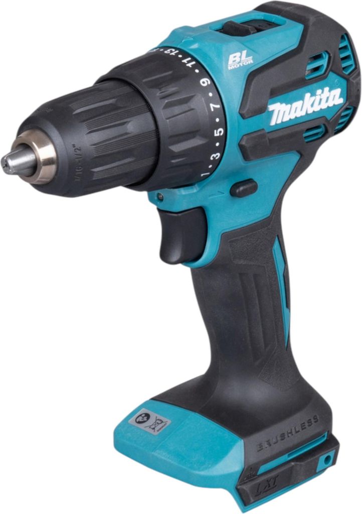 A cordless drill is shown against a white background.