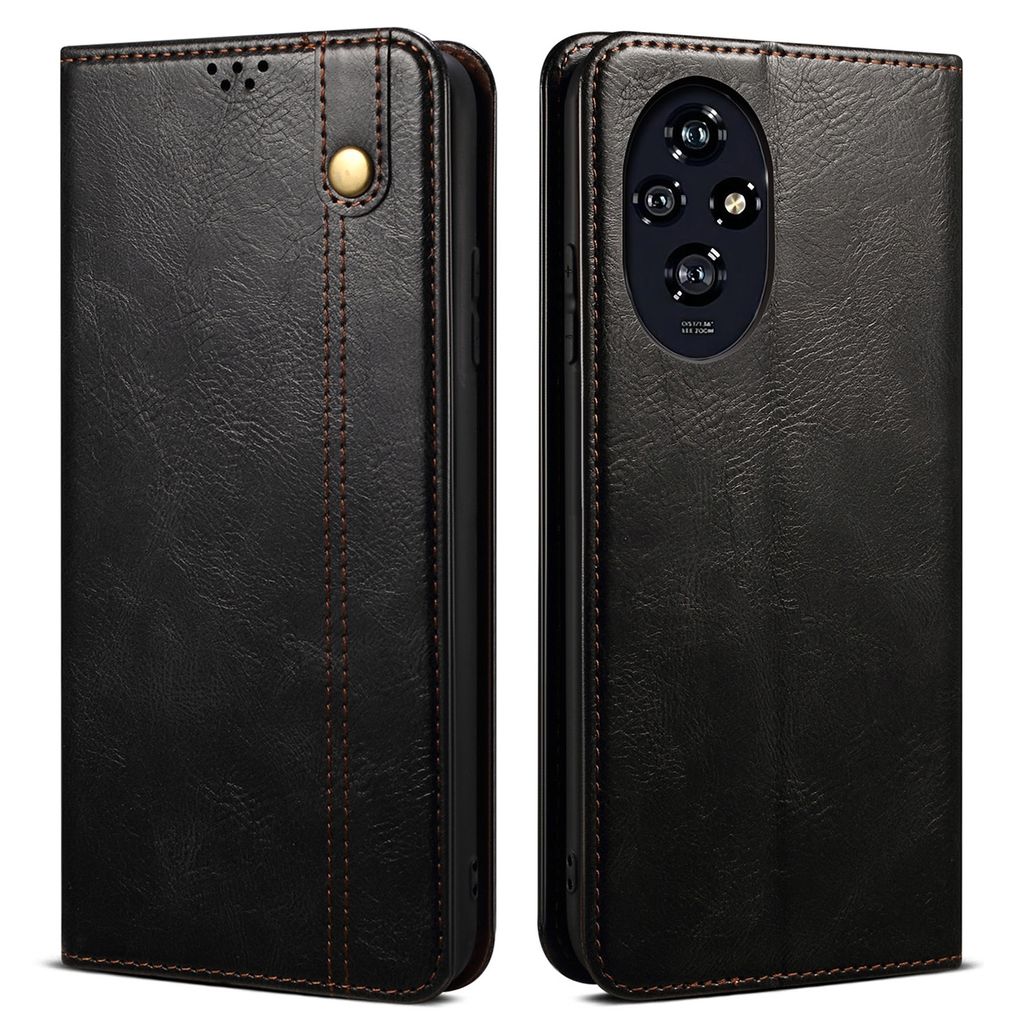 A black leather wallet-style phone case is shown from the front and back.