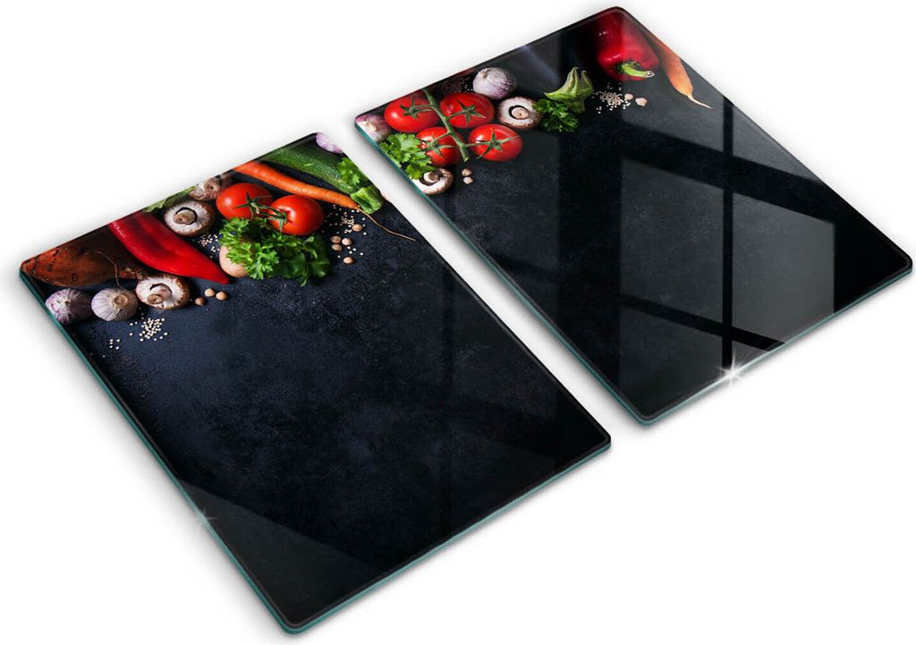 Glasschneideplatte - Herdabdeckplatte - 2x40x52 cm -Schneidebrett - Spritzschutz - Buntes Gemüse