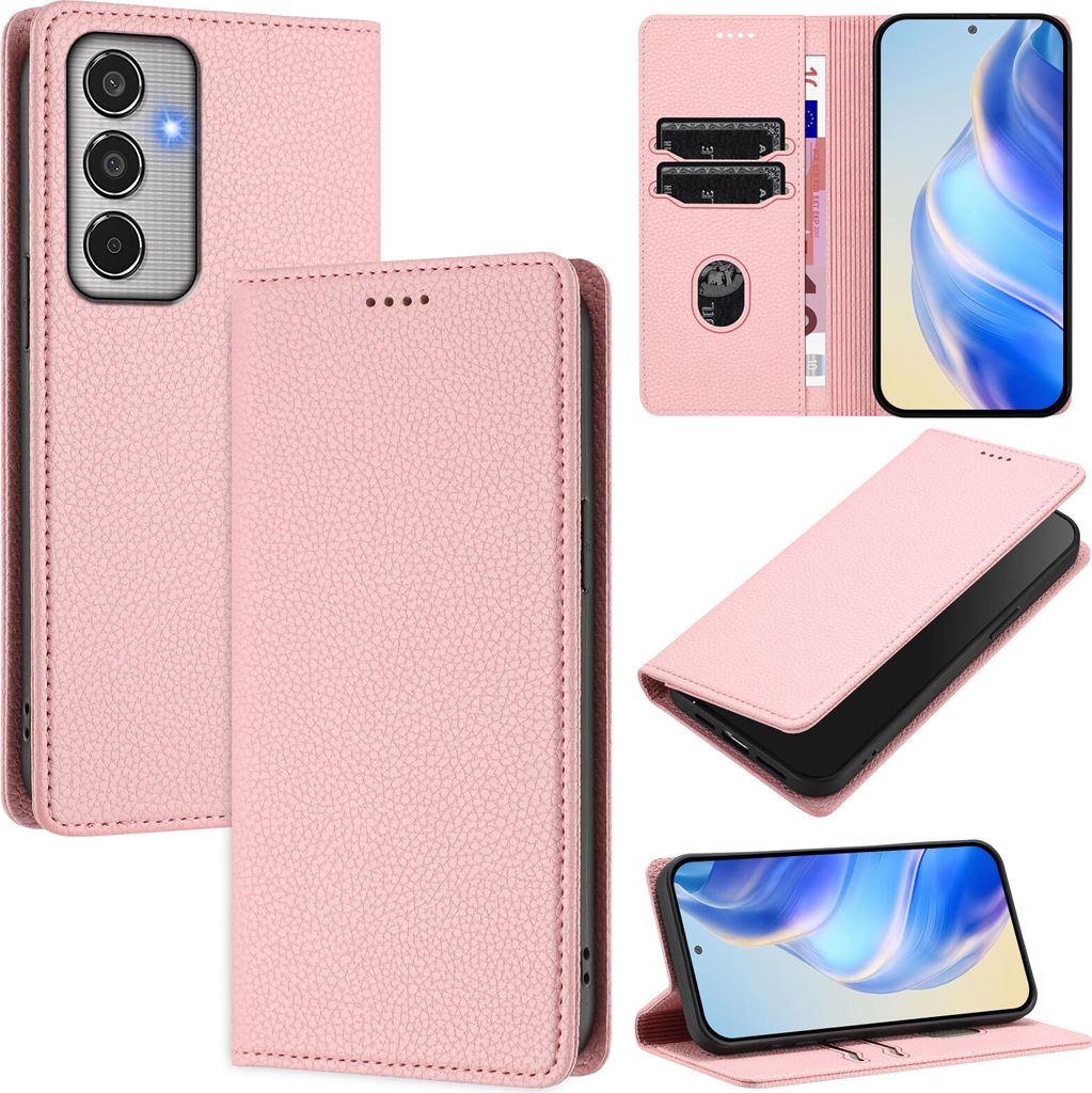 Litchi Leder Handyhülle für Samsung Galaxy M35 5G Wallet Kartenfächer Standfunktion Hülle Pink