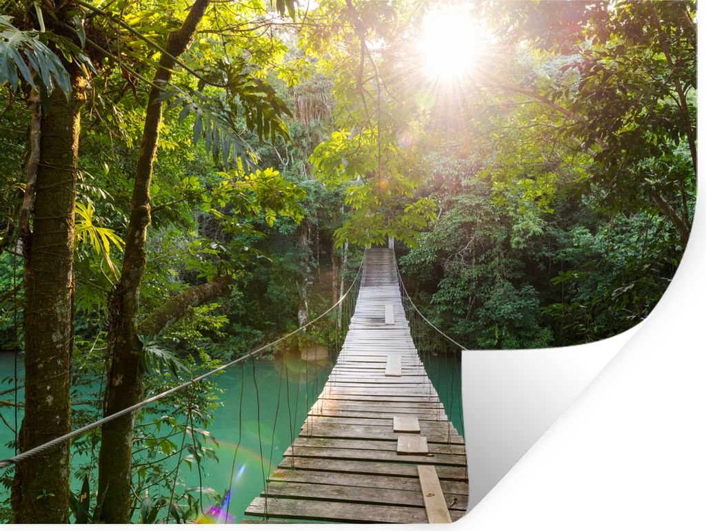 MuchoWow Wandtattoo Wandsticker Wandaufkleber Dschungel - Wasser - Brücke - Natur - Pflanzen 120x90 cm Selbstklebend und Repositionierbar - Aufk...