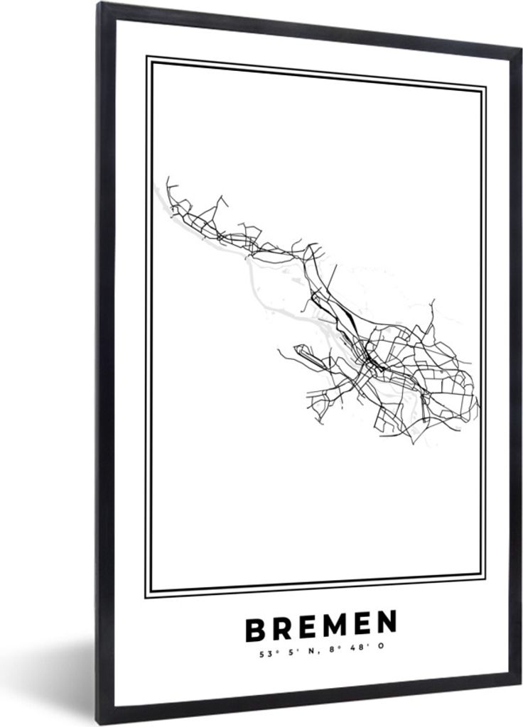 MuchoWow Gerahmtes Poster Karte - Stadtplan - Bremen - Deutschland - Schwarz und weiß 40x60 cm - Poster mit Schwarzem Bilderrahmen Wandposter Ra...