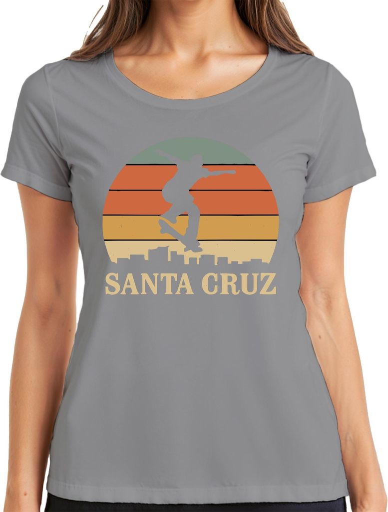 Santa Cruz Skateboard Skater Retro Sonnenuntergang Vintage Strand Damen T-Shirt, Grau, M