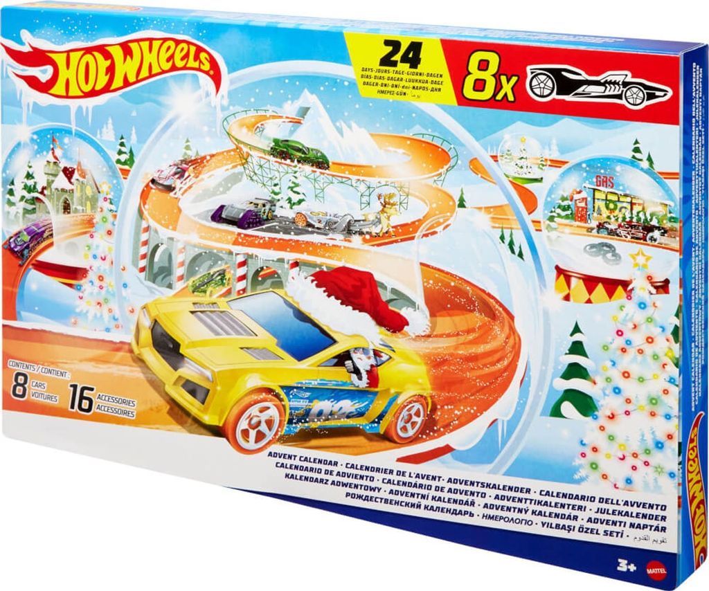 A Hot Wheels Advent Calendar box with a winter-themed design, featuring a toy car and race track elements.