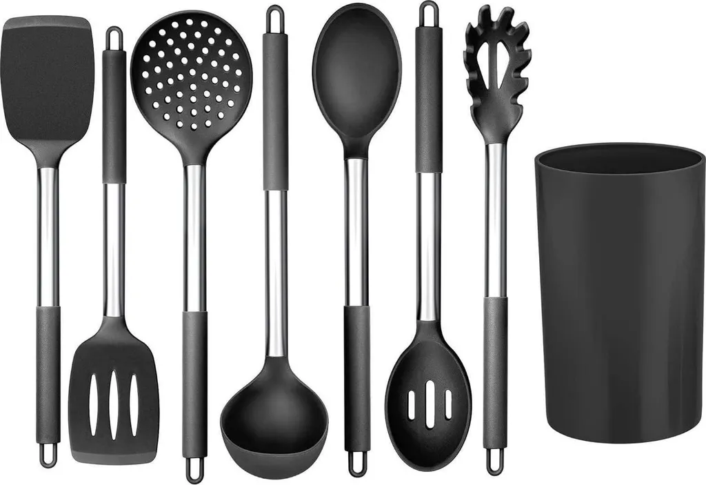 Set Utensili Silicone Nero Design Acciaio Inox 8 Pezzi Cucina Luxury