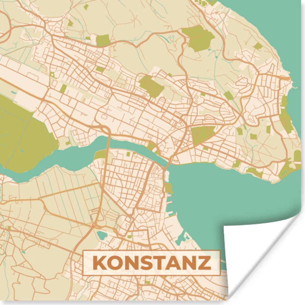 MuchoWow Poster Konstanz - Vintage - Karte - Stadtplan 50x50 cm - Wohnzimmerdekoration