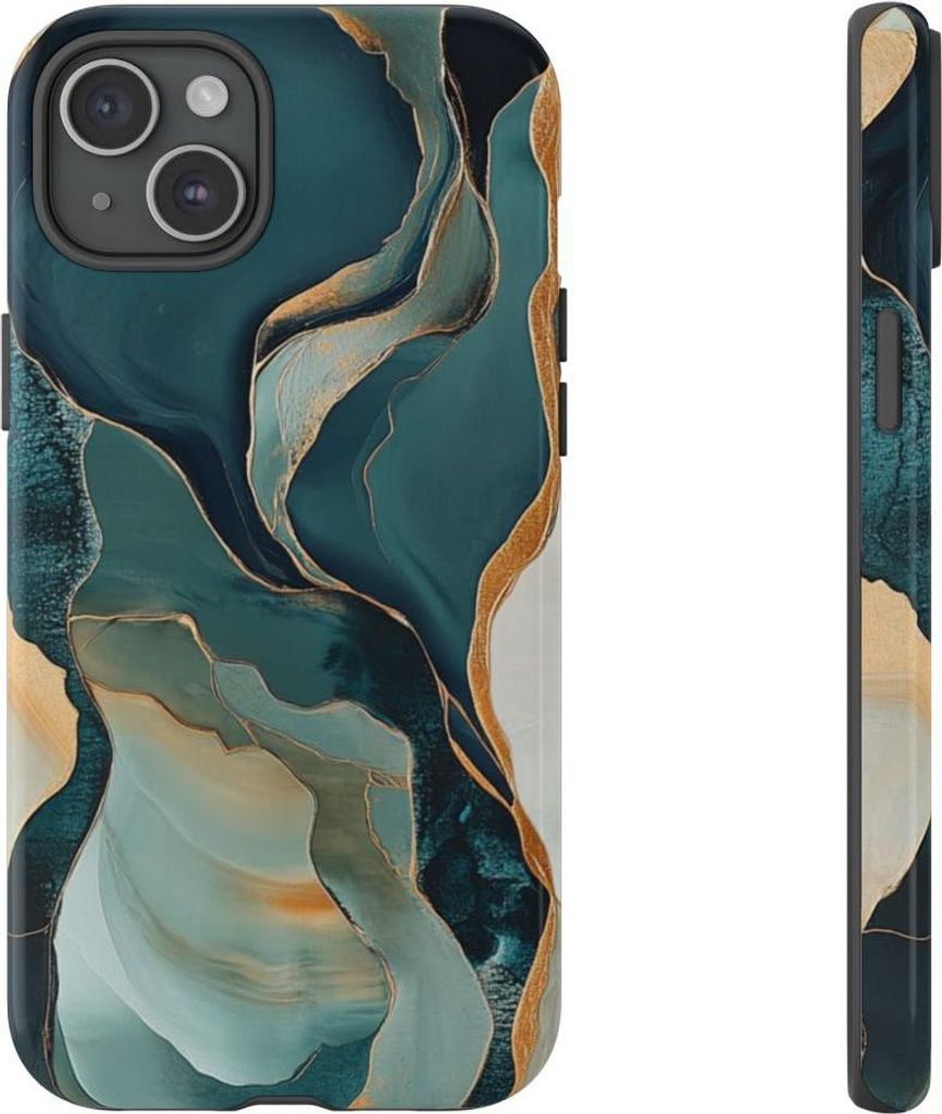 Abstrakte fließende Formen mit goldenen Akzenten – Hülle Kompatibel mit iPhone 15 Plus