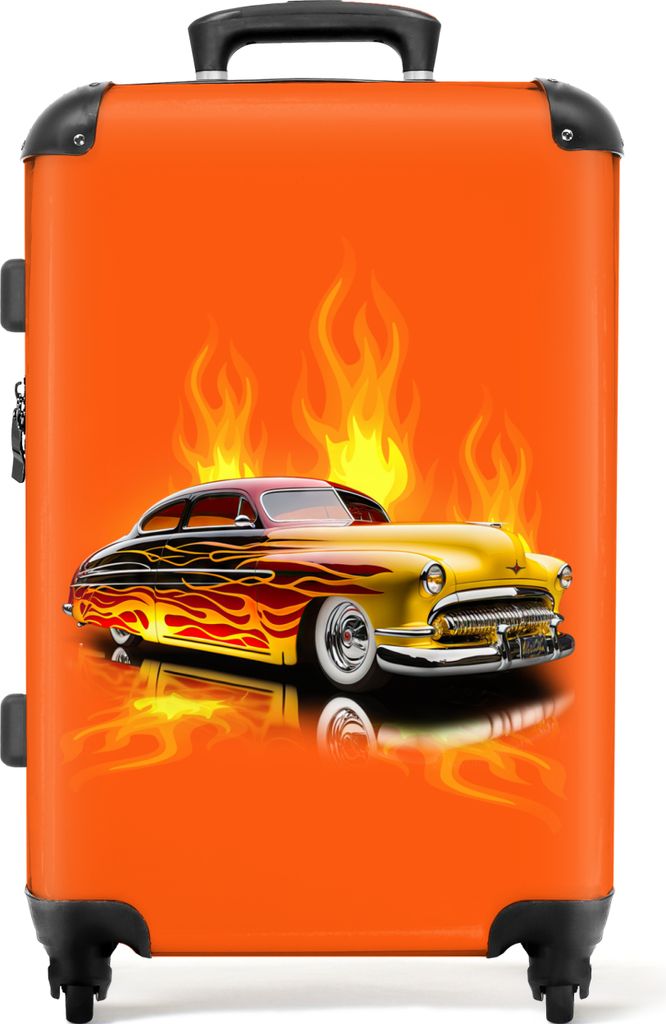 NoBoringSuitcases.com Großer Koffer - Auto - Flammen - Orange - Feuer - Vintage - Kombinationsschloss TSA - Hartschalen Trolley 4 Rollen - 72 li...