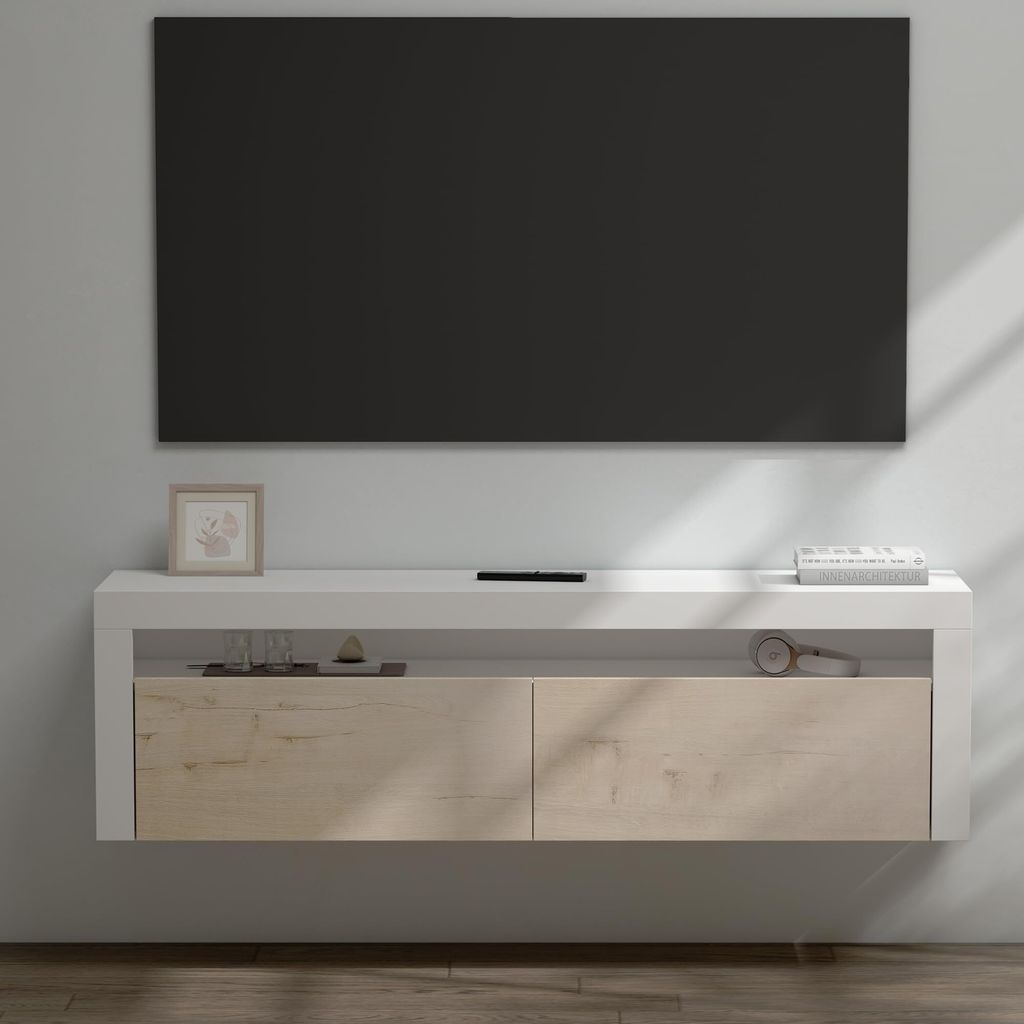 doporro TV Lowboard TV-Schrank Fernsehschrank 160cm in matt Weiß und Eiche Greige Hängend Fernsehtisch, TV-Regal für Fernseher Fernsehschrank01