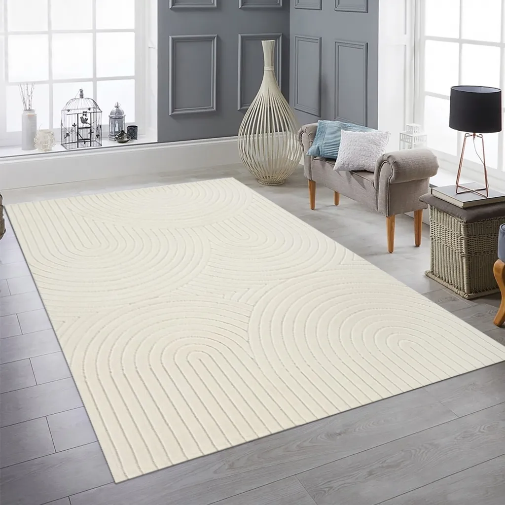 Tapis de salon à poils courts crème motif semi-circulaire 160 x 220 cm