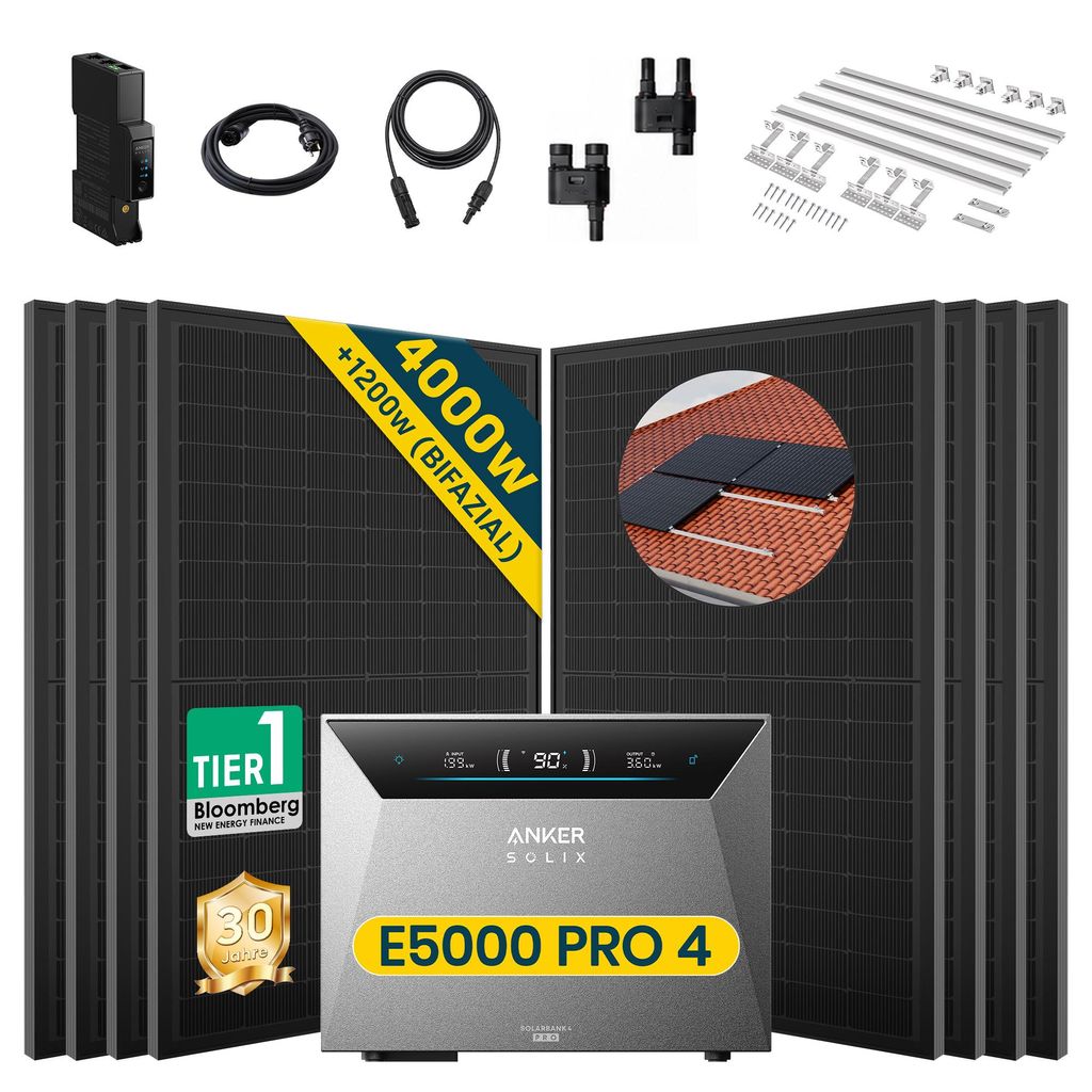 Balkonkraftwerk 4000W (8x500W) mit Anker Solix Solarbank 4 E5000 Pro, Mit Ziegeldach Halterung