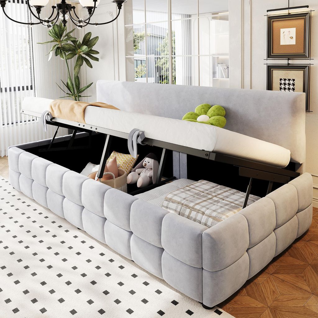 MODFU Jugendbett ohne Matratze 90x200 Tagesbett Kinderbett mit Rückenlehne ohne Armlehnen,Einzelbett Bettgestell mit klassischem Karomuster,Hellgrau