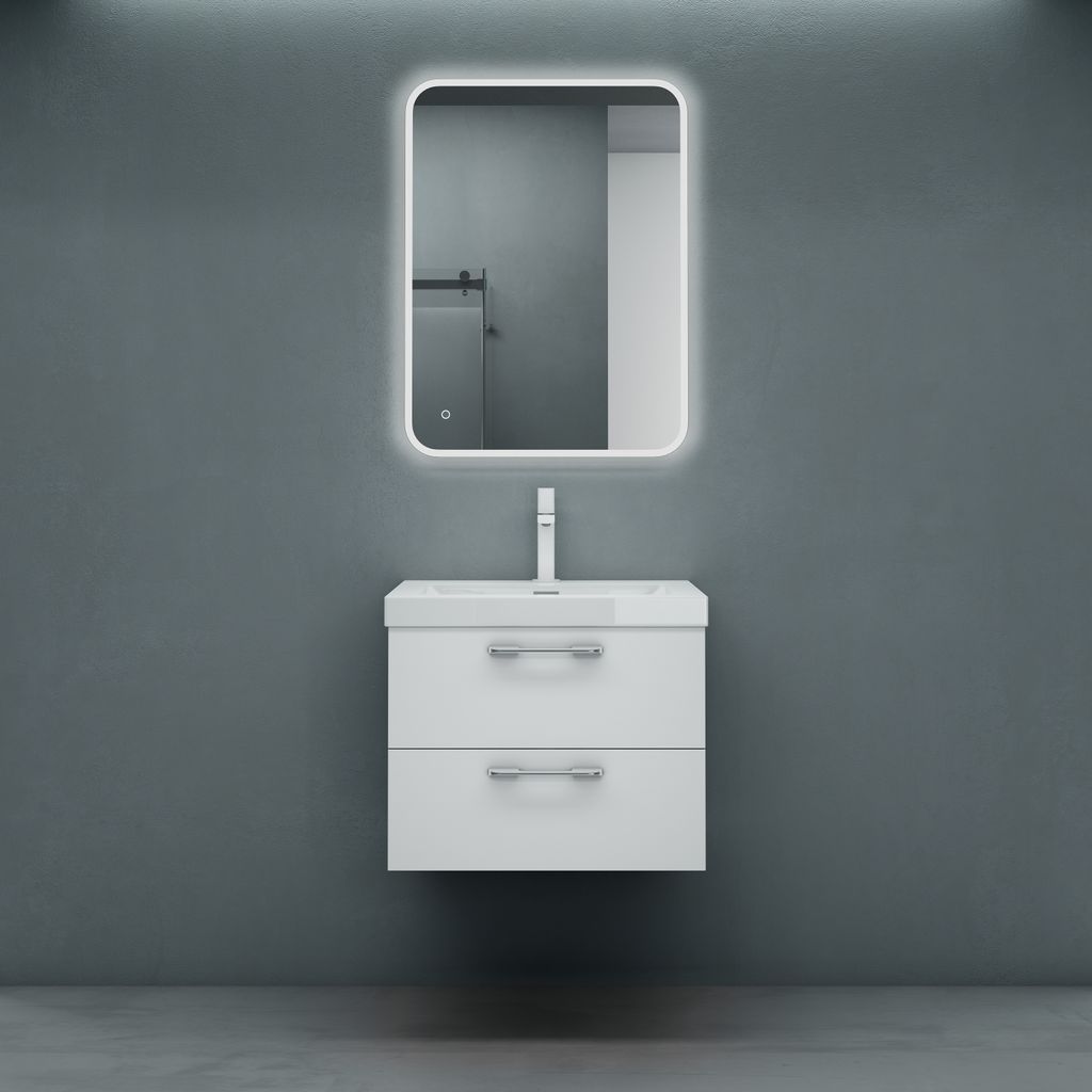 doporro Badmöbel-Set Badzimmerschrank Waschbecken-Unterschrank Wandmontage BTH: 60x48x50cm in matt weiß inkl. Mineralguss-Waschbecken und LED-Spi...