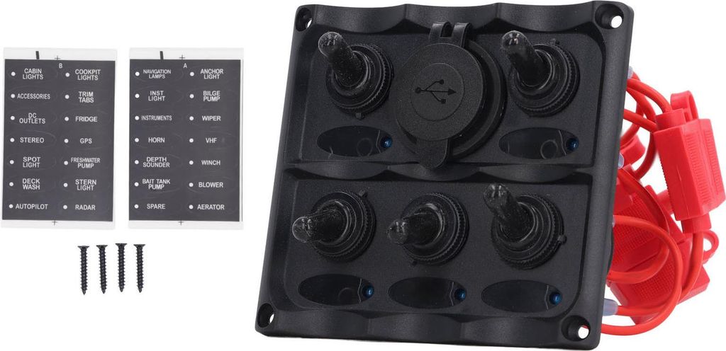 Wippschalterfeld mit 2 USB-Anschlš¹ssen, 5-fach Wippschalterfeld, wasserdichter Schalter und Sicherung fš¹r Yachten und Schnellboote, DC 12 V b...