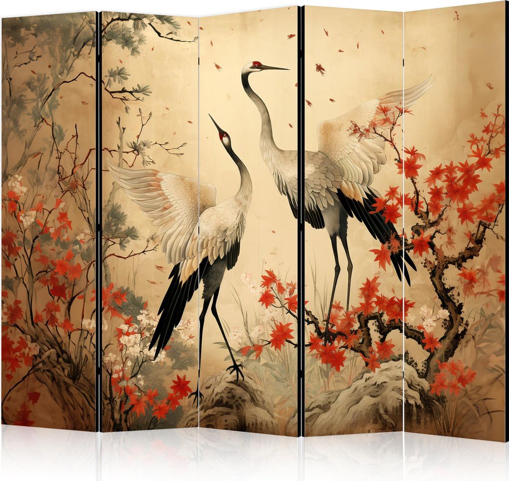 Neuheit! Dekorativer Paravent Raumteiler Trennwand Foto-Paravent Spanische Wand XXL 225x172 cm Vogels Blumen Bäume Kran p-H-10000-z-b