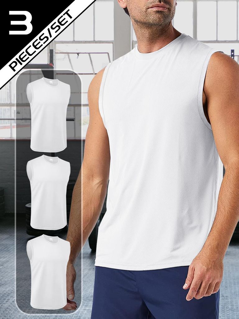 3er Pack Herren Tank Top Sport Sommer Tanktop Schnelltrocknendes Muskelshirt Achselshirts Ärmelloses Fitness Shirt-Weiß-XL