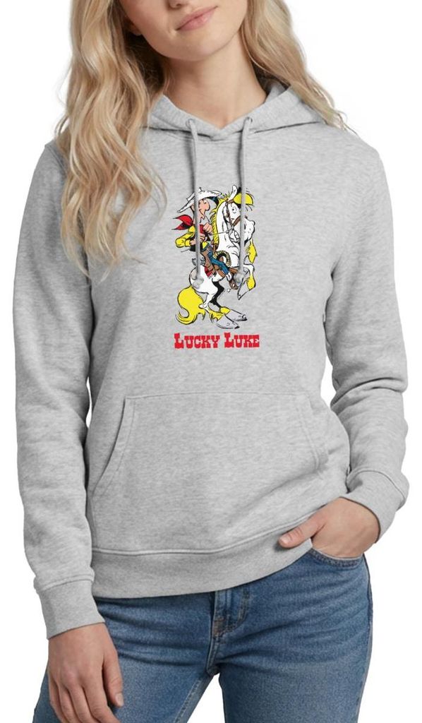 Spreadshirt Lucky Luke mit Pferd Jolly Jumper Damen Hoodie, M, Hellgrau meliert