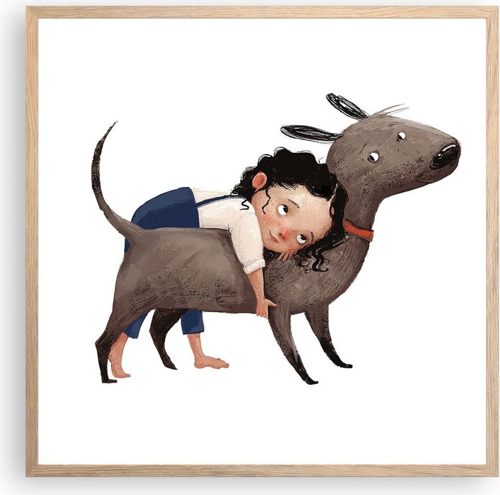 Gerahmtes Poster - Rahmen in heller Eiche - Kind Hund Bild - 60x60 cm - Wand Bild - Wanddeko - Wandbilder - Kunstposter - Wandposter - Bilderrahmen...