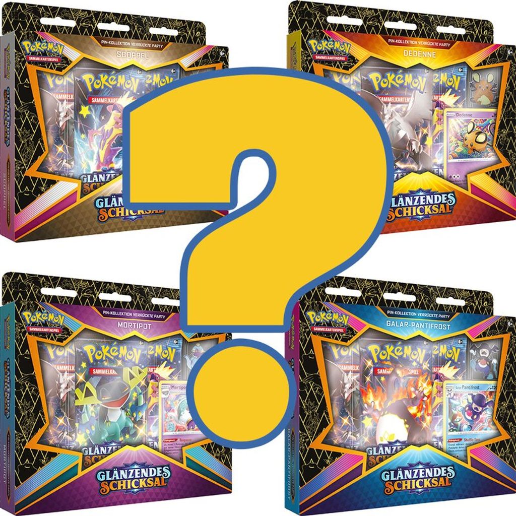 A collage of four Pokemon TCG pin collection boxes with a large yellow question mark overlaying the center.